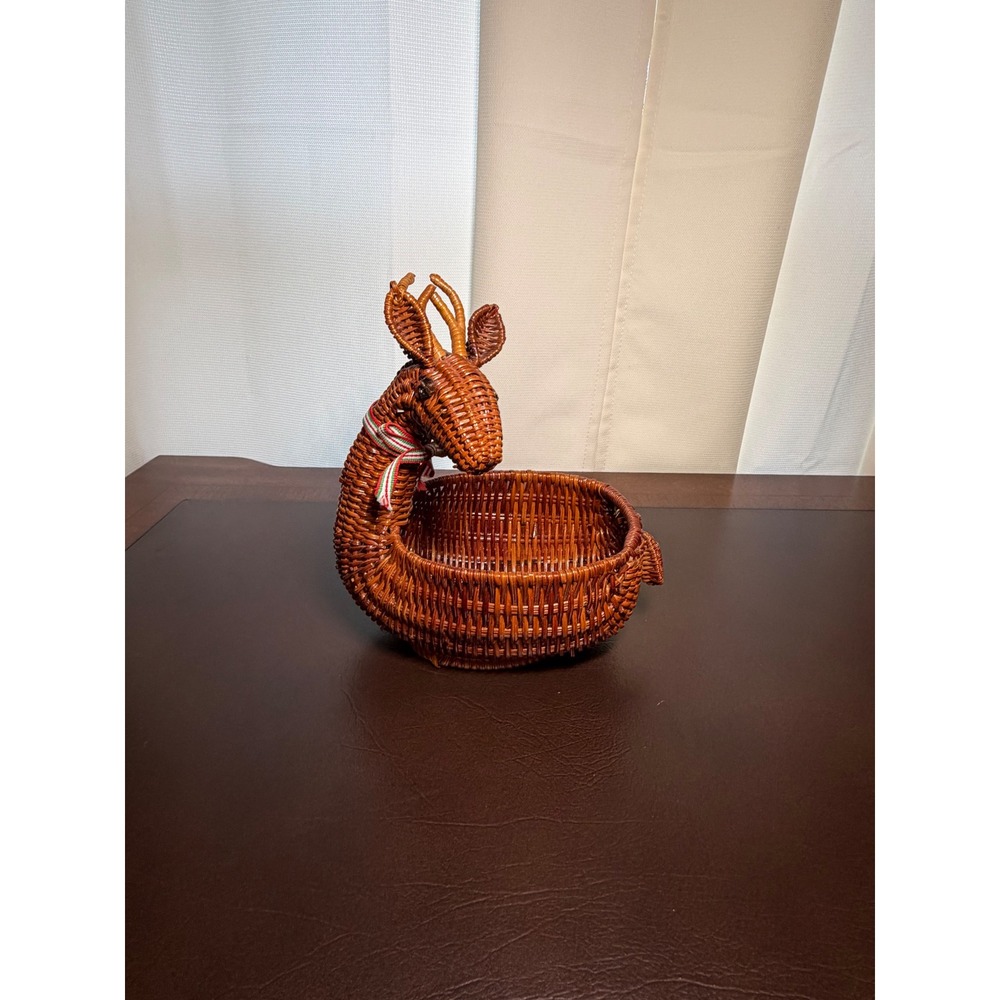 Vintage Wicker Reindeer Basket Christmas Deer Candy Dish Rattan Holiday Decor